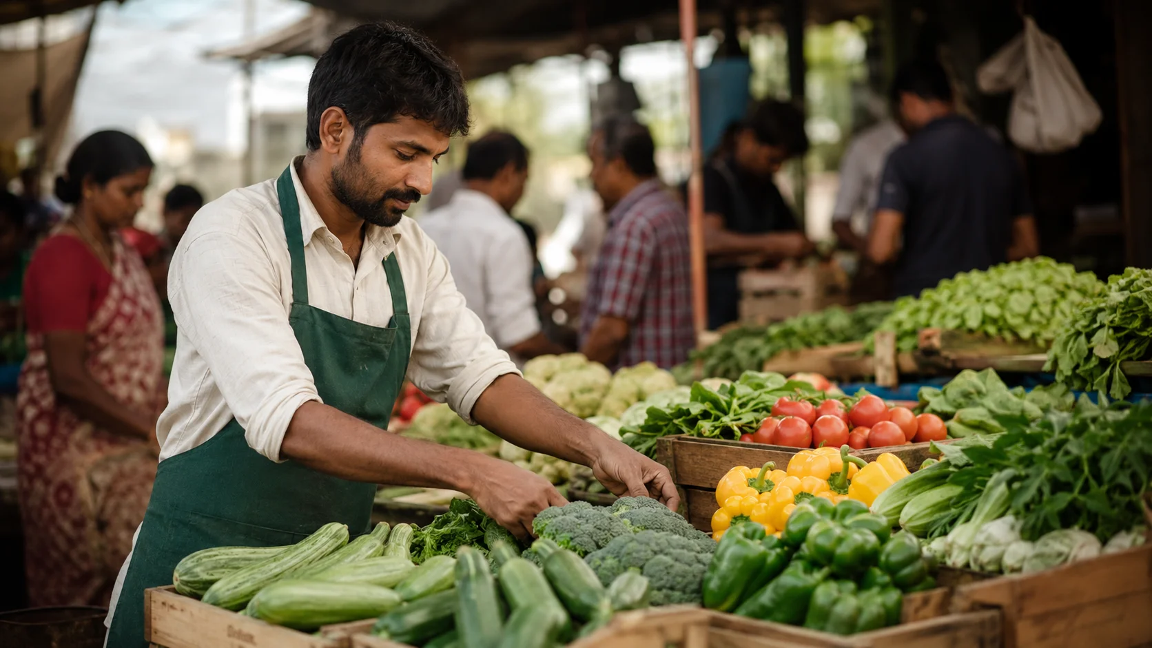 Farmer-entrepreneur at an agricultural market stall selling fresh produce