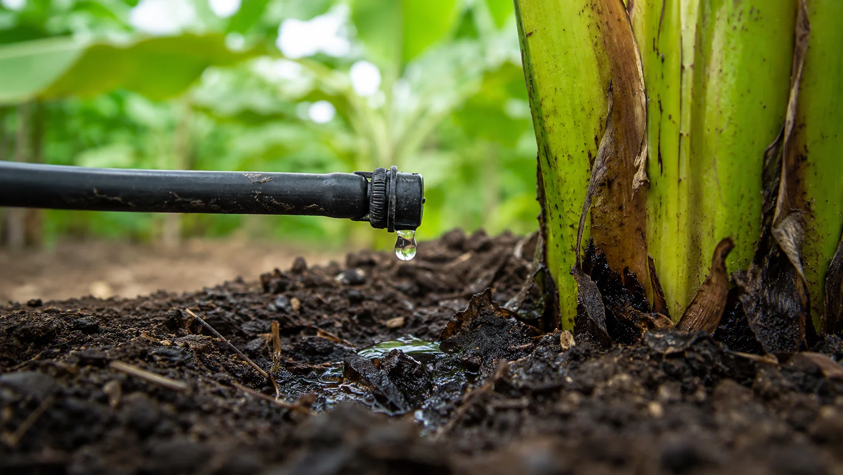 Drip emitter close-up showing fertigation delivery for banana plants