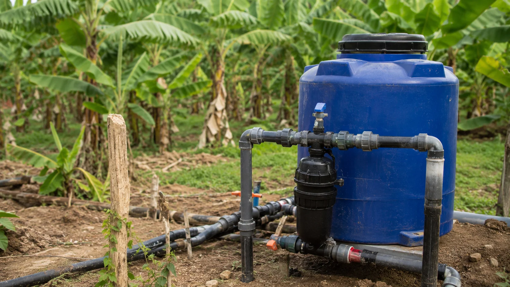 Fertigation tank and injection unit setup for banana drip irrigation
