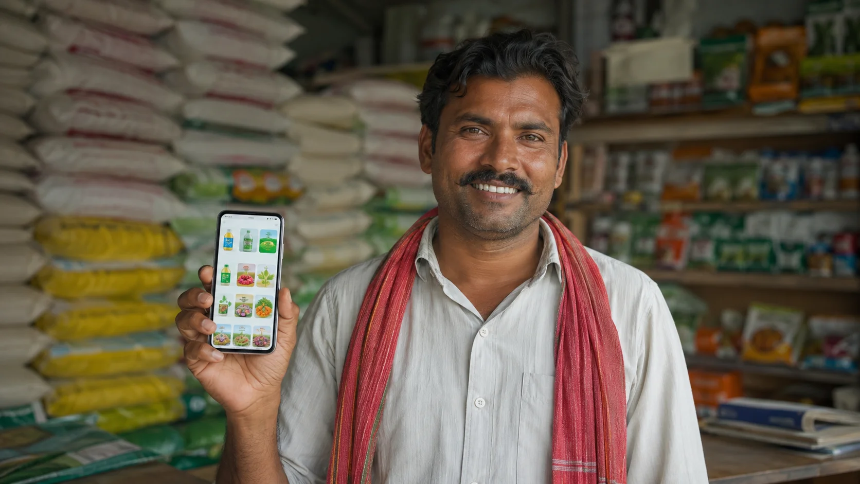 Farmer browsing the Farmkart app on a smartphone at an agricultural supply store