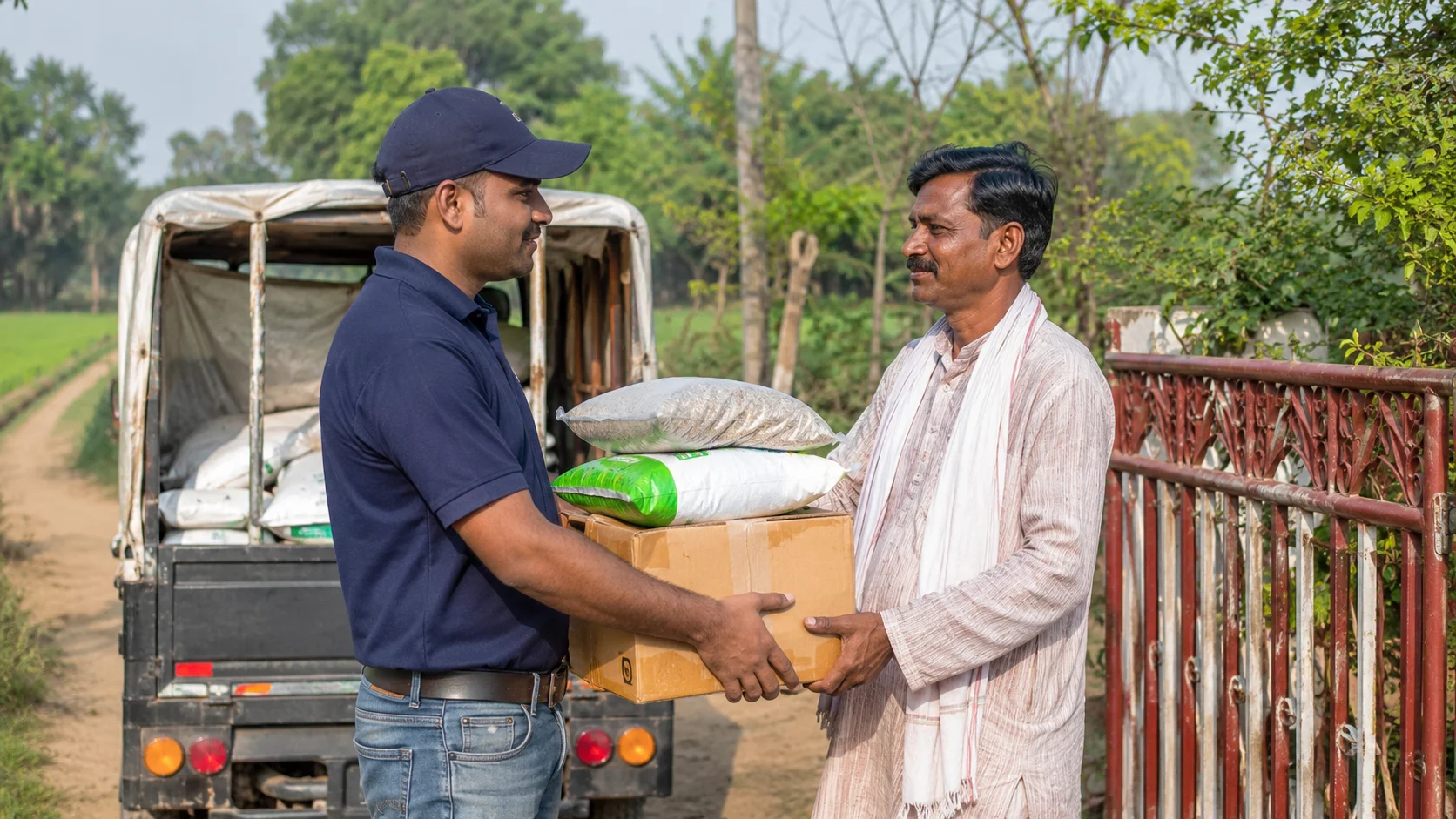 Farm-gate delivery of agricultural supplies ordered via Farmkart platform