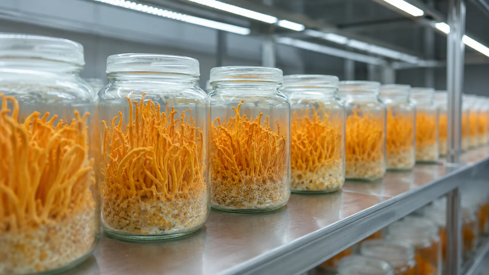 Cordyceps militaris fruiting bodies growing in cultivation jars at Synervion facility