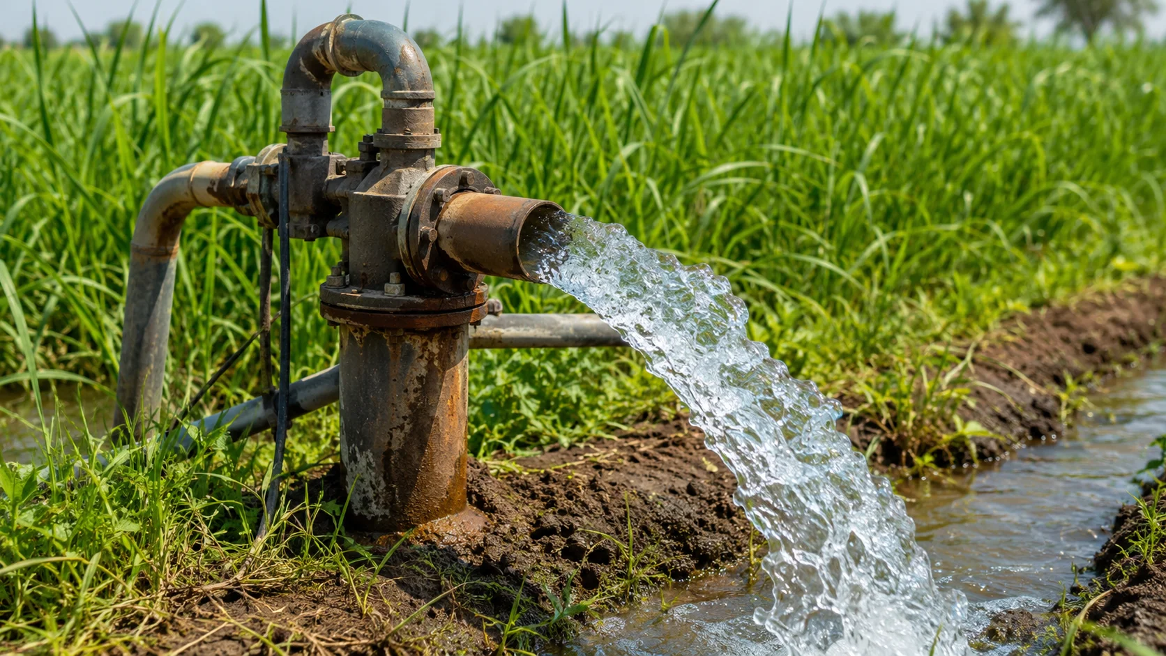 Borewell submersible pump with water flowing for agricultural irrigation
