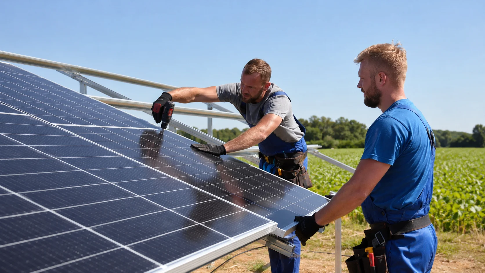 Technicians installing solar panels for water pump system on a farm in Madhya Pradesh