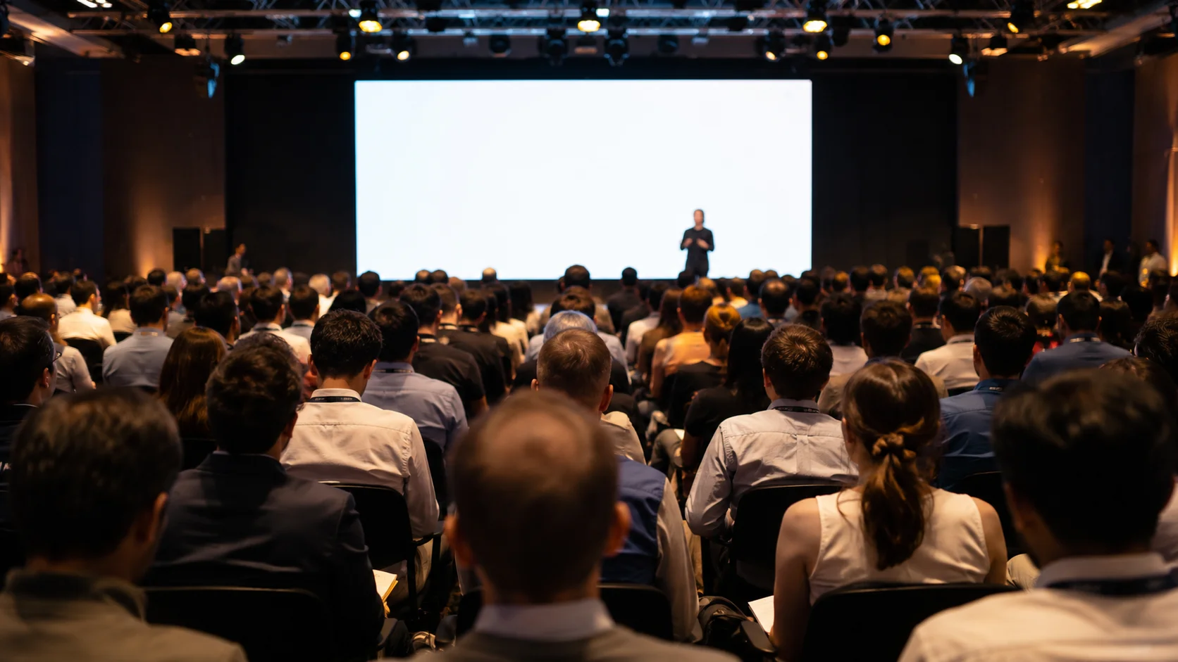 Startup conference hall with keynote presentation on agricultural innovation